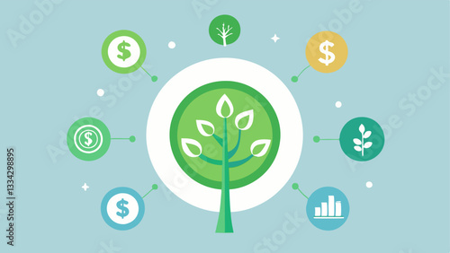 EcoFriendly Theme A cointhemed tree with roots named Staking surrounded by ecofriendly icons conveying the idea that staking helps both finances and sustainability.