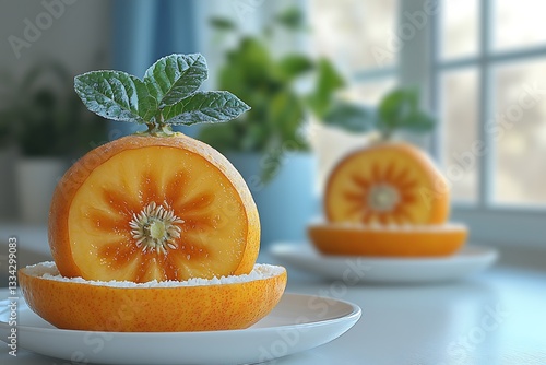 Decorative fruit slices featuring a leaf garnish on a plate