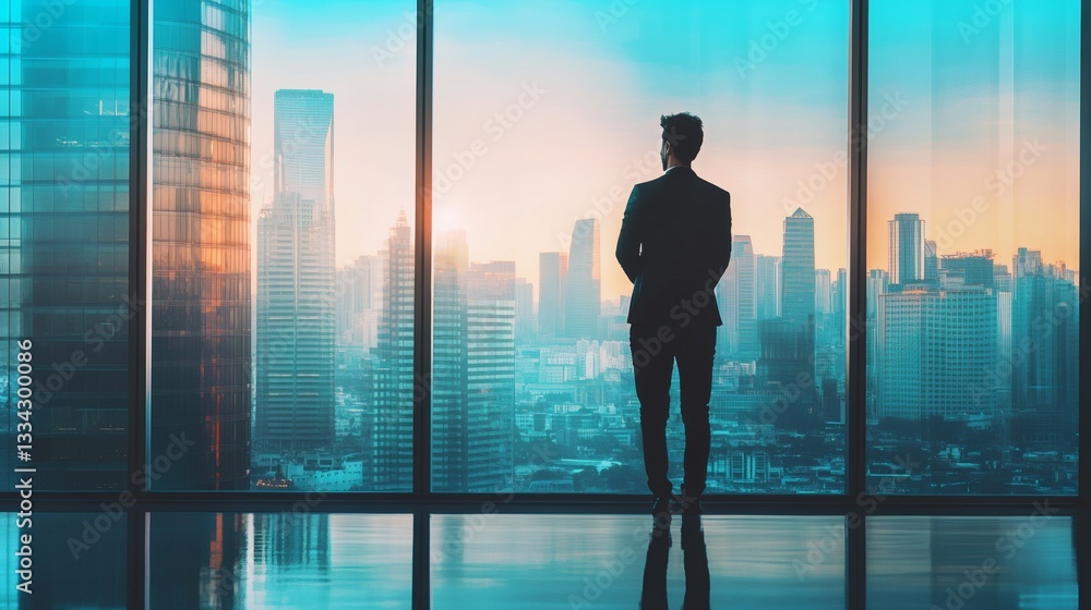 A businessman looking out of a large window over city skyscrapers A businessman looking out of a large window over city skyscrapers