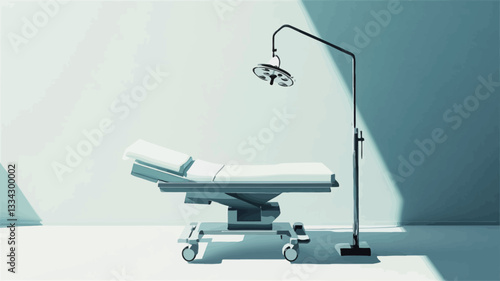 The image shows a modern examination table on wheels in a minimalist medical room.  The table is white or light gray, and appears clean and sterile.  A floor-standing examination lamp with a