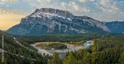 Banff National Park - Hoodoos Viewpoint on Tunnel Mountain Road - Autumn view of Mount Rundle and Bow River