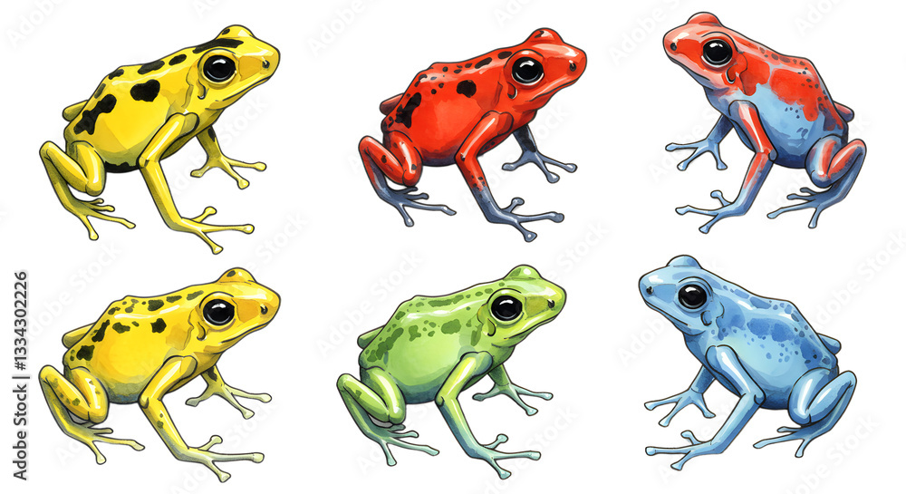 Naklejka premium Collection of Poison Dart Frogs Featuring Vibrant Colors on White Background