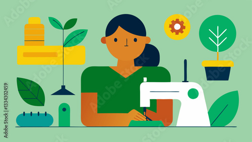 EcoFriendly Tools A designer surrounded by ecofriendly tools like biodegradable scissors solarpowered sewing machines and natural dyes.