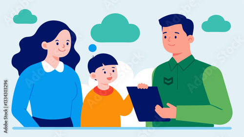 Family Consultation with Financial Advisor An illustration of a family sitting with a financial advisor discussing strategies and creating a financial plan adapted to their