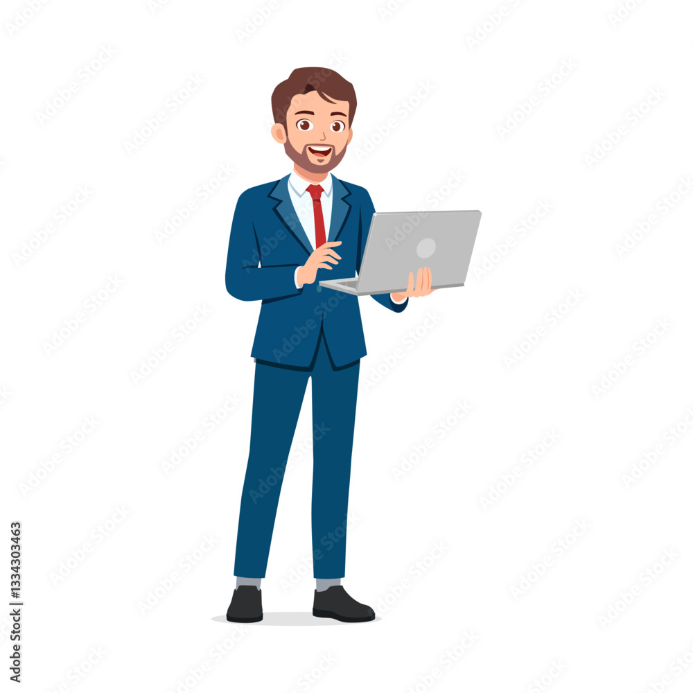 Man Holding Laptop While Standing and Smiling Wearing Suit and Tie, Full Body, Isolated on White Man Holding Laptop While Standing and Smiling Wearing Suit and Tie, Full Body, Isolated on White