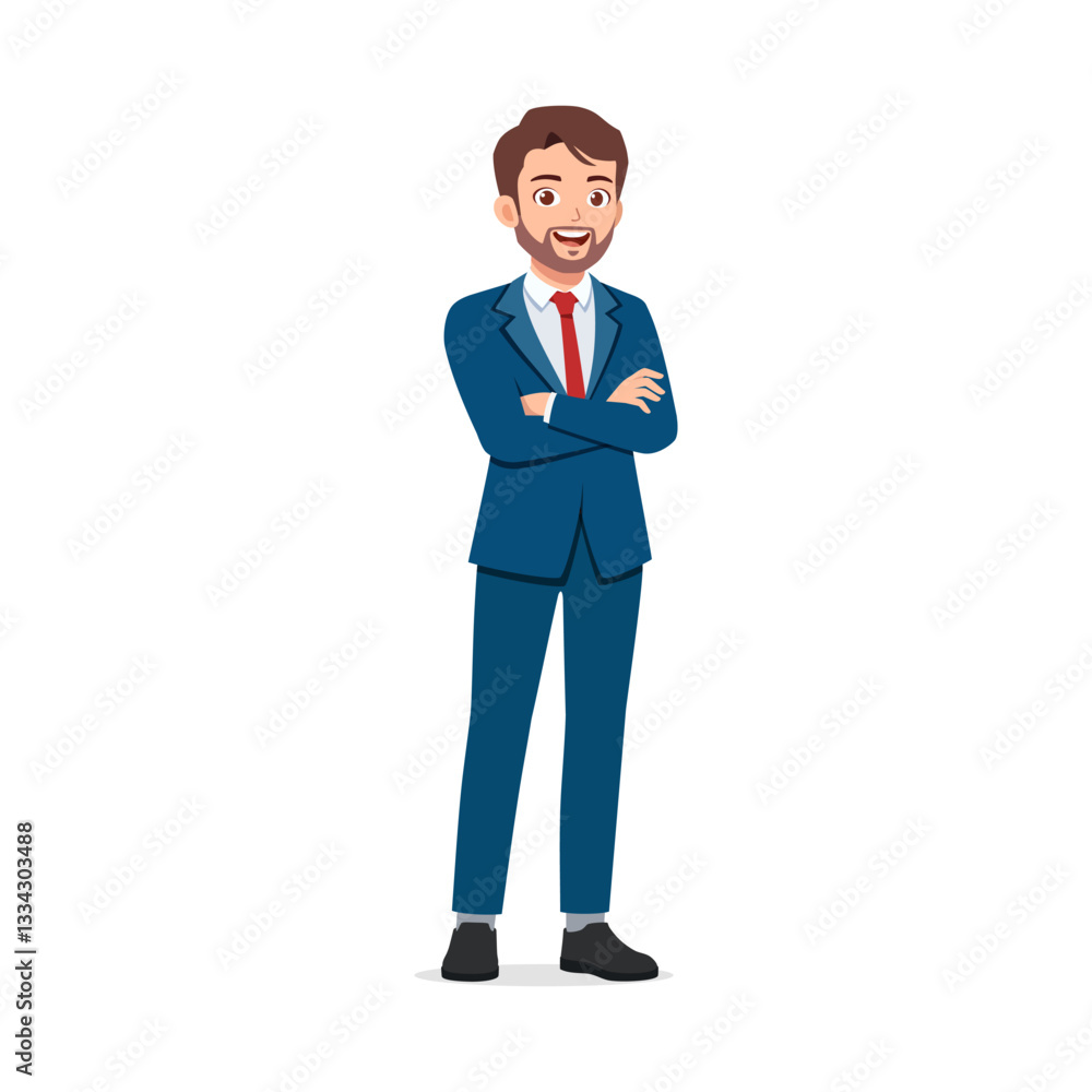 Full Body Shot of Man in Blue Suit Standing with Arms Crossed and Smiling at Camera Full Body Shot of Man in Blue Suit Standing with Arms Crossed and Smiling at Camera