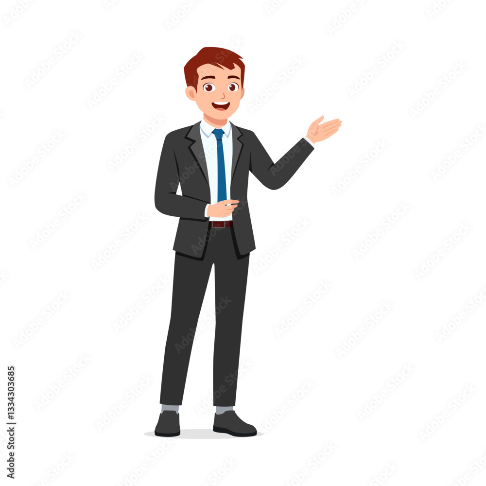 Professional man presenting in a suit with tie, smiling and showing something in formal attire