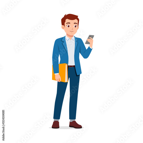 Man Standing Holding a Book in One Hand and Mobile Phone in Other Hand in Blue Blazer