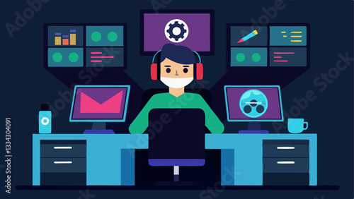 Editing Video Content A journalist sitting at a video editing station with multiple screens displaying footage of gaming tournaments game clips and editing software open.