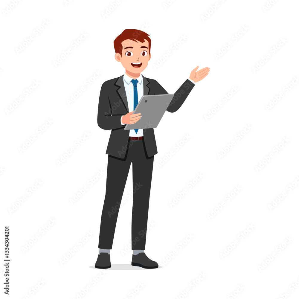 Man Holds Tablet, Extends Hand in Presentation. Businessman with Suit and Tie Presenting Data Man Holds Tablet, Extends Hand in Presentation. Businessman with Suit and Tie Presenting Data