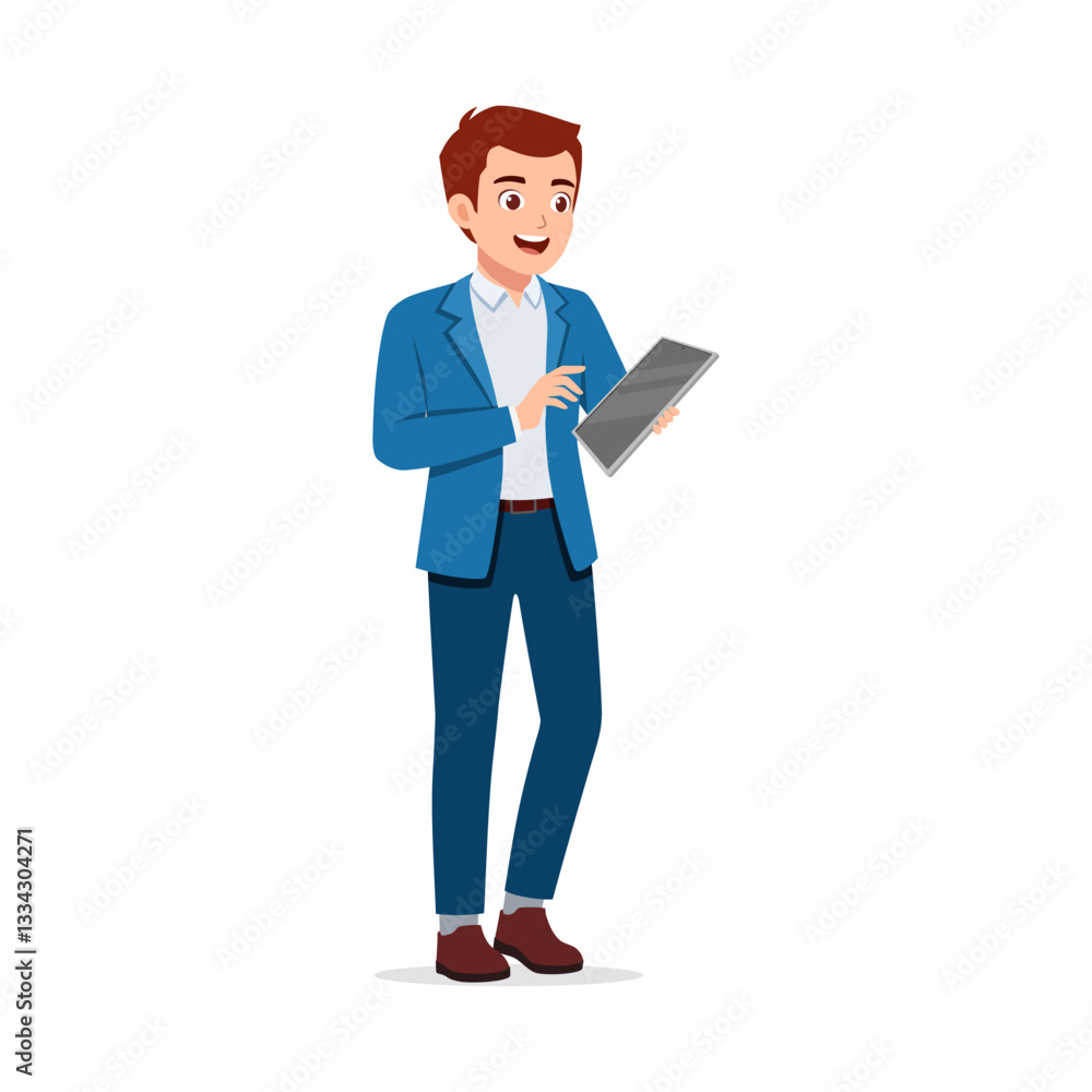 Young Man in Suit Standing and Using Tablet with Happy Expression, Full Body Isolated on White Young Man in Suit Standing and Using Tablet with Happy Expression, Full Body Isolated on White