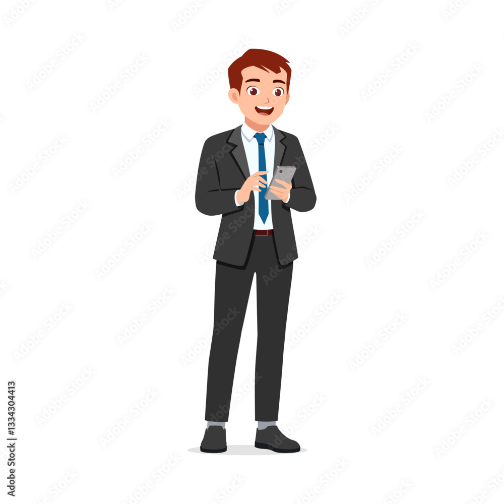 Fototapeta premium Man in Suit Texting on Smartphone While Smiling and Standing Upright in an Isolated Background