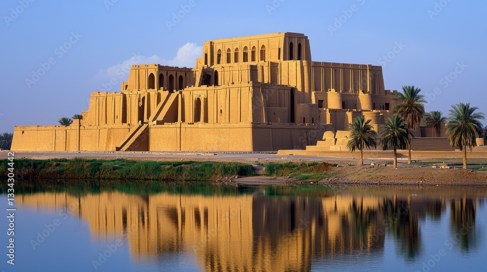 Fototapeta premium Ancient Mesopotamian temple reflected in calm water.