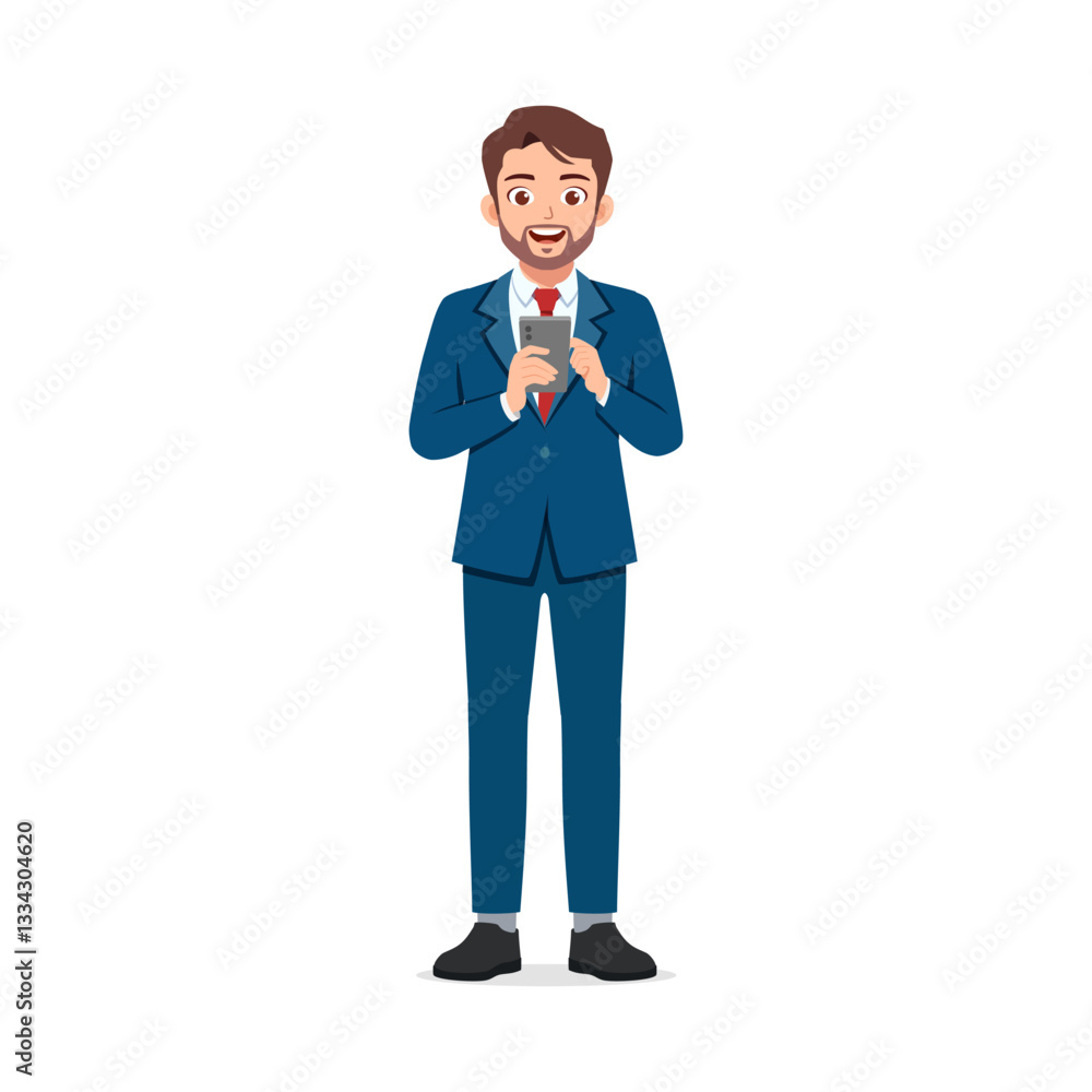 Obraz premium Businessman using smartphone. Man in suit standing hold cellular phone and typing message