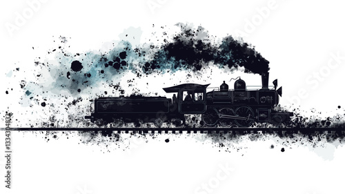 The image is a stylized depiction of a steam train in motion.  The train is rendered in dark silhouettes against a white background.  The background includes textured elements that resemble ink