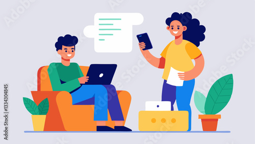Expense Tracking A woman sitting on a chair using her phone to snap a photo of a receipt while her partner types expenses into their laptop with a financial app open.