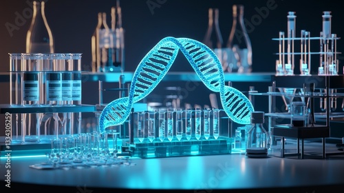 A futuristic concept of genetic engineering technology with holographic DNA strands