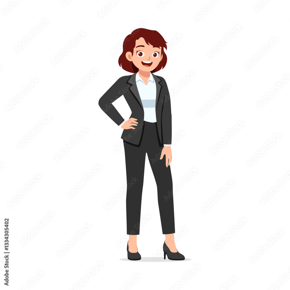 Smiling Young Businesswoman Posing Standing Confidently in Formal Black Suit, and Heels Smiling Young Businesswoman Posing Standing Confidently in Formal Black Suit, and Heels