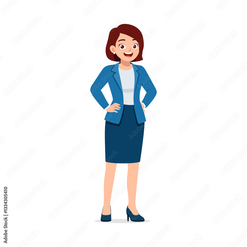Professional Business Woman Standing Posing with Hands on Hips Smiling Optimistically in Blue Suit Professional Business Woman Standing Posing with Hands on Hips Smiling Optimistically in Blue Suit