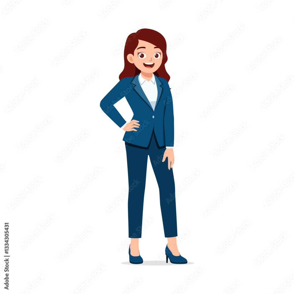 Young Woman Posing with Hand on Hip, Smiling with Dark Red Hair in Professional Blue Suit Young Woman Posing with Hand on Hip, Smiling with Dark Red Hair in Professional Blue Suit