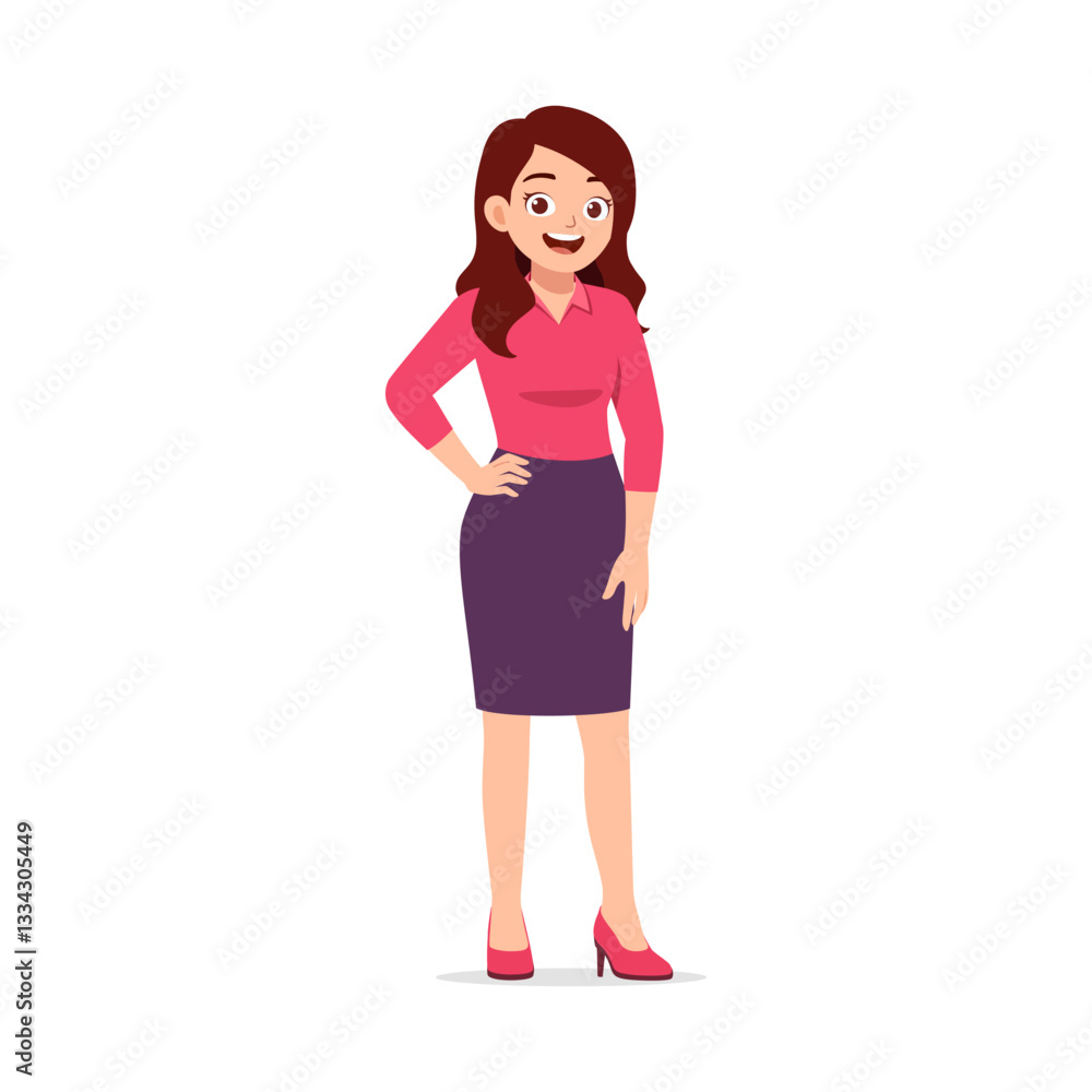 Woman Standing with Hand on Hip Smiling in Business Attire with Heels, Full Body Woman Standing with Hand on Hip Smiling in Business Attire with Heels, Full Body