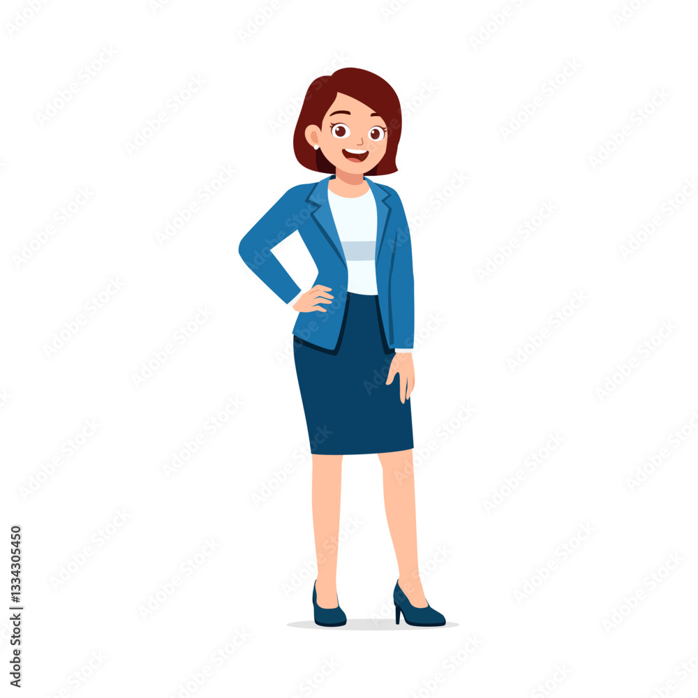 Young Businesswoman Smiling and Standing Posing with Hand on Hip in Formal Suit Outfit Young Businesswoman Smiling and Standing Posing with Hand on Hip in Formal Suit Outfit