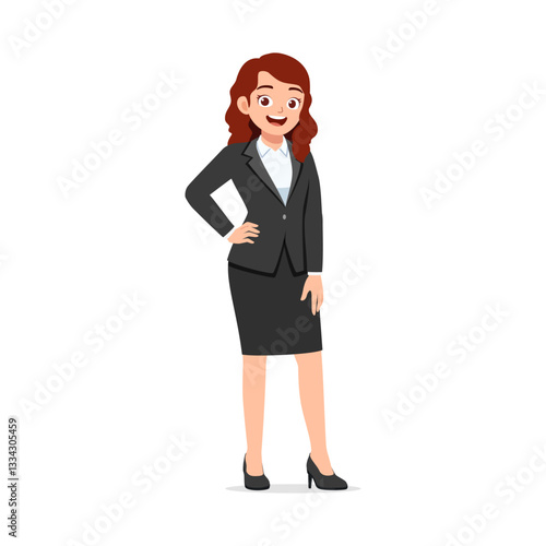 Business Woman Standing With Hand on Hip Smiling and Wearing Black Suit in Full Body Shot