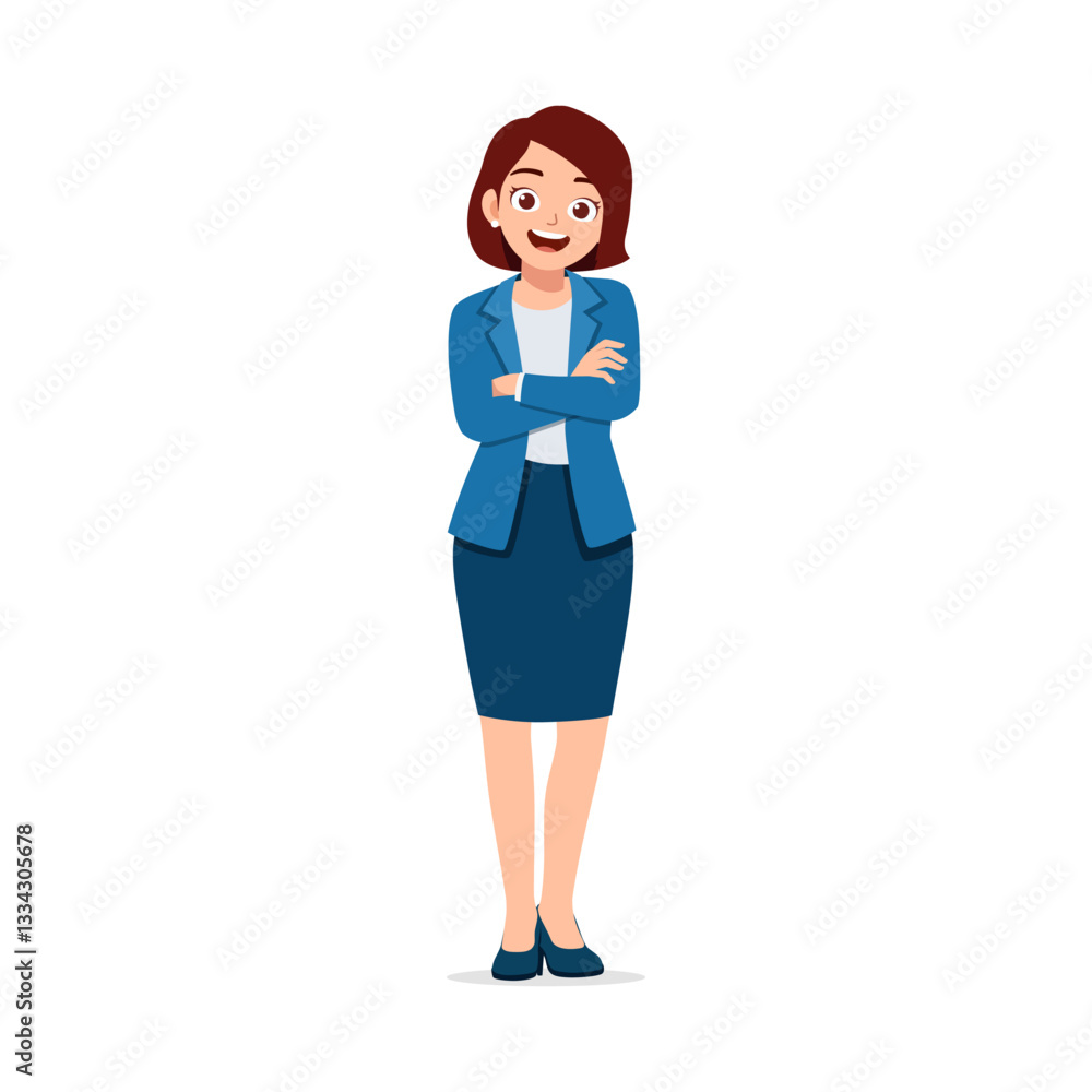 Cartoon Woman Standing with Arms Crossed Smiling Wearing Blue Blazer and Skirt Isolated Cartoon Woman Standing with Arms Crossed Smiling Wearing Blue Blazer and Skirt Isolated