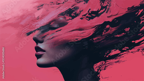 The image is a stylized digital illustration or painting of a woman's profile.  The woman's face is rendered realistically, with soft shading and subtle details. Her hair is depicted as abstract,
