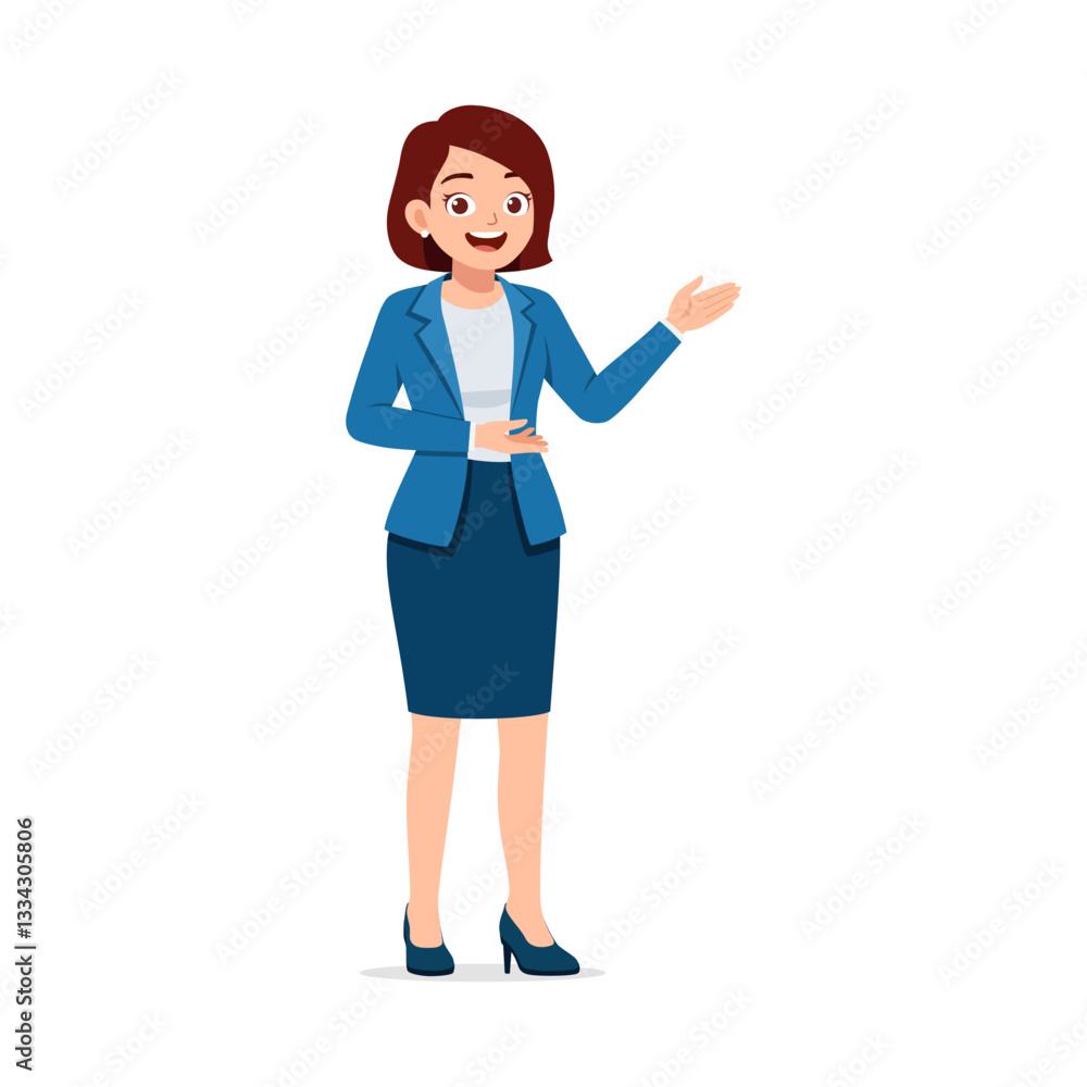 Cartoon Woman in Formal Blue Business Attire Gesturing with Open Hand for Presentation or Explanation Cartoon Woman in Formal Blue Business Attire Gesturing with Open Hand for Presentation or Explanation