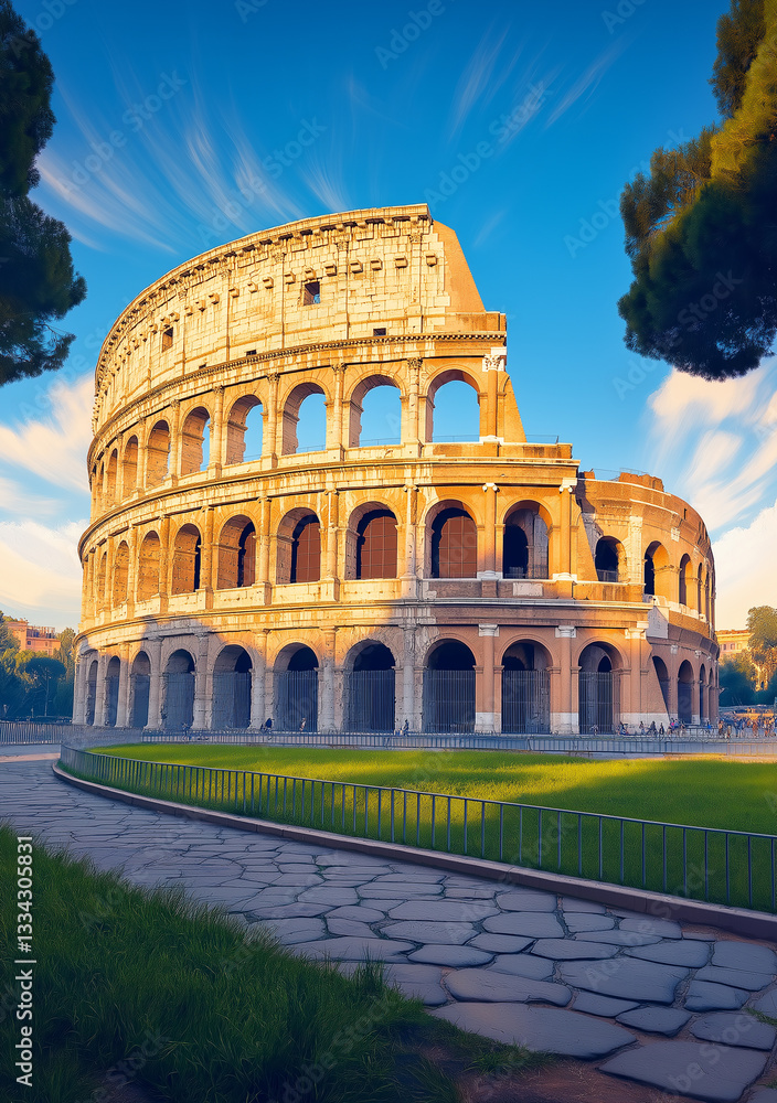 Fototapeta premium Majestic colosseum standing tall under scenic blue sky at sunset in rome