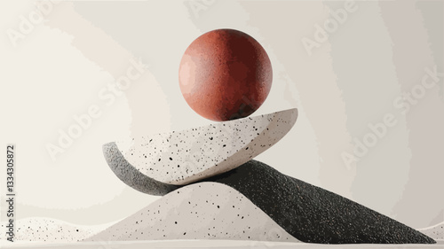 The image shows a close-up shot of a  terracotta-colored sphere delicately balanced atop two curved, off-white stone-like forms.  The bottom form is larger and rests on a slightly undulating,