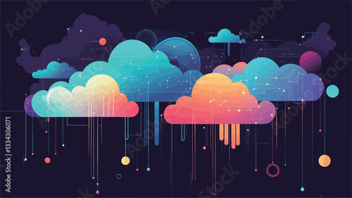 A digital illustration depicting stylized clouds in various shades of blue, orange, and pink against a dark background.  The clouds are rendered with a soft, gradient fill and contain embedded