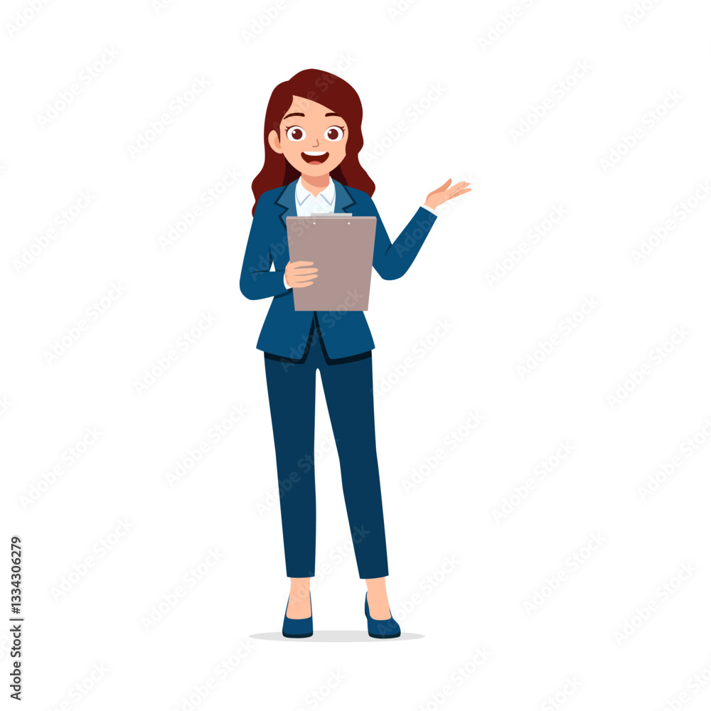 Businesswoman in suit presentating and holding clipboard with smile on white background vector art Businesswoman in suit presentating and holding clipboard with smile on white background vector art