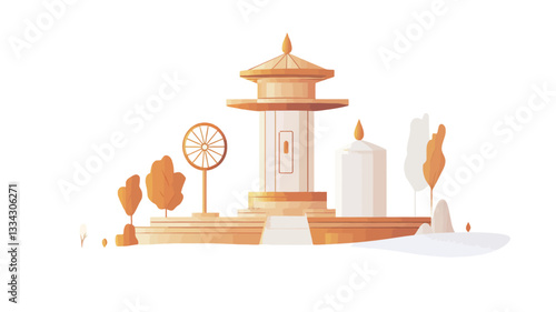 A digital illustration depicting a stylized golden pagoda situated in a minimalist garden setting. The pagoda is rendered in a low-polygonal style with a gradient of golden hues.  The surrounding