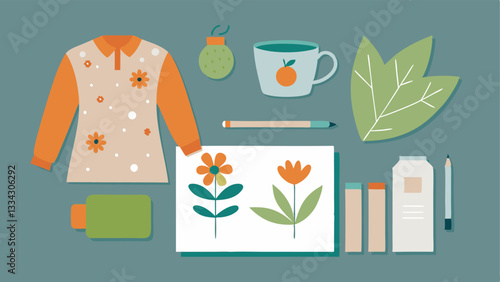 Fashion Sketches A closeup of a designers table with sketches of ecofriendly outfits featuring floral patterns inspired by nature alongside a cup of herbal tea.