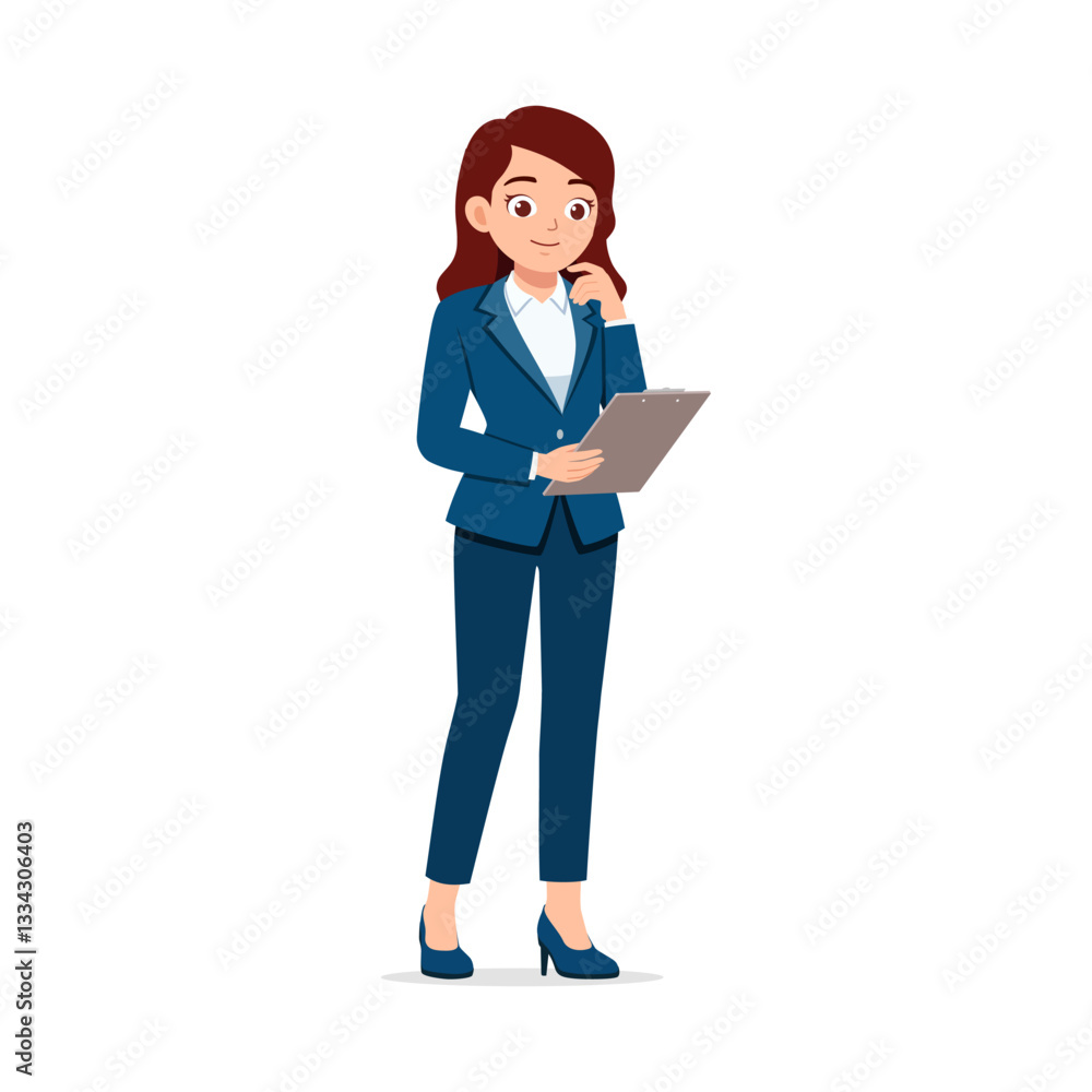 Businesswoman hold clipboard and thinking pose in full body illustration Businesswoman hold clipboard and thinking pose in full body illustration