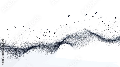 The image is a high-contrast, black and white abstract illustration.  It depicts a sinuous, wave-like form rendered in varying densities of small, dark particles against a bright white background.