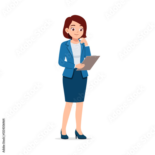 Woman in Suit Holding Clipboard Touching Chin in Thoughtful Pose with Professional Attire Full Body
