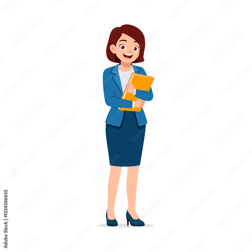 Businesswoman Holding Documents while Smiling in Blue Suit and Skirt with Heels in Full Body Shot Businesswoman Holding Documents while Smiling in Blue Suit and Skirt with Heels in Full Body Shot