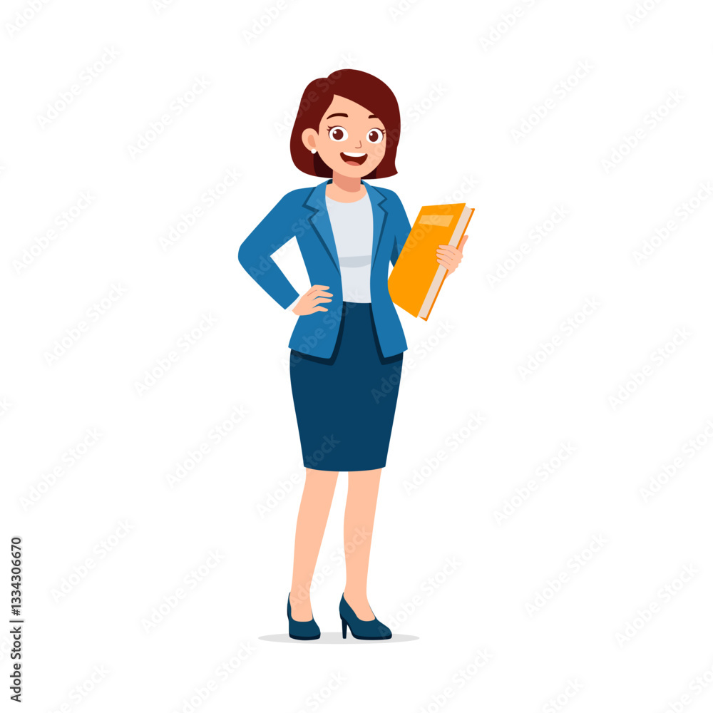 Cartoon woman hold document stand smiling wearing blue suit isolated on white background Cartoon woman hold document stand smiling wearing blue suit isolated on white background