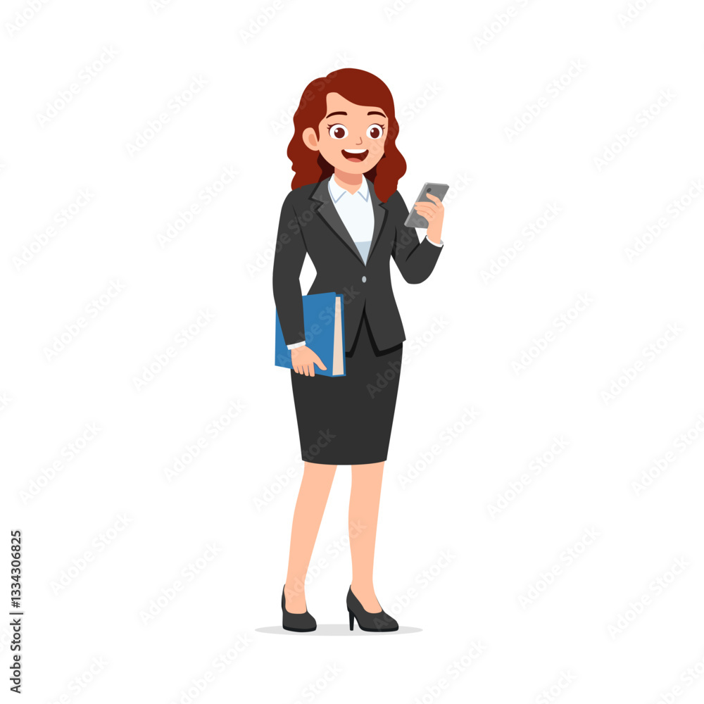 Businesswoman reading phone while holding a blue book in hand in formal office attire Businesswoman reading phone while holding a blue book in hand in formal office attire