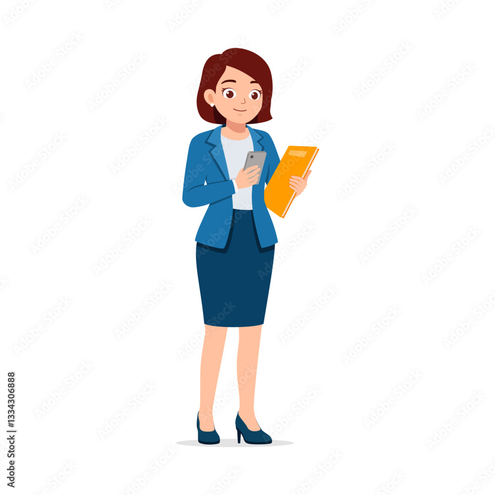 Businesswoman checking smartphone and holding document in office attire smiles Businesswoman checking smartphone and holding document in office attire smiles