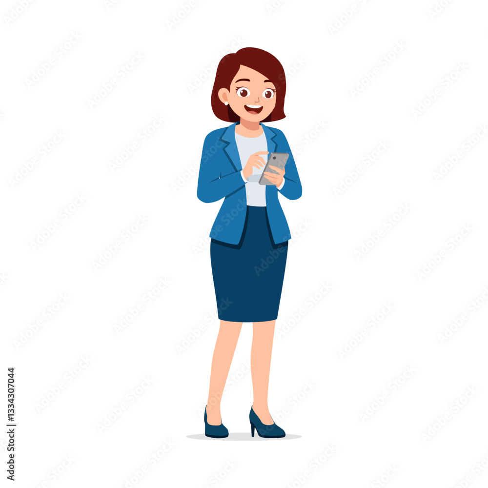 Businesswoman in Formal Wear Using Smartphone While Standing with Smile Face in Full Body Businesswoman in Formal Wear Using Smartphone While Standing with Smile Face in Full Body