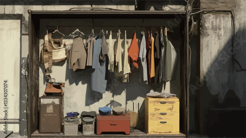 The image shows an open, metal-framed wardrobe containing various items of children's clothing and personal effects. The clothes are predominantly worn and faded, hanging from wooden hangers.