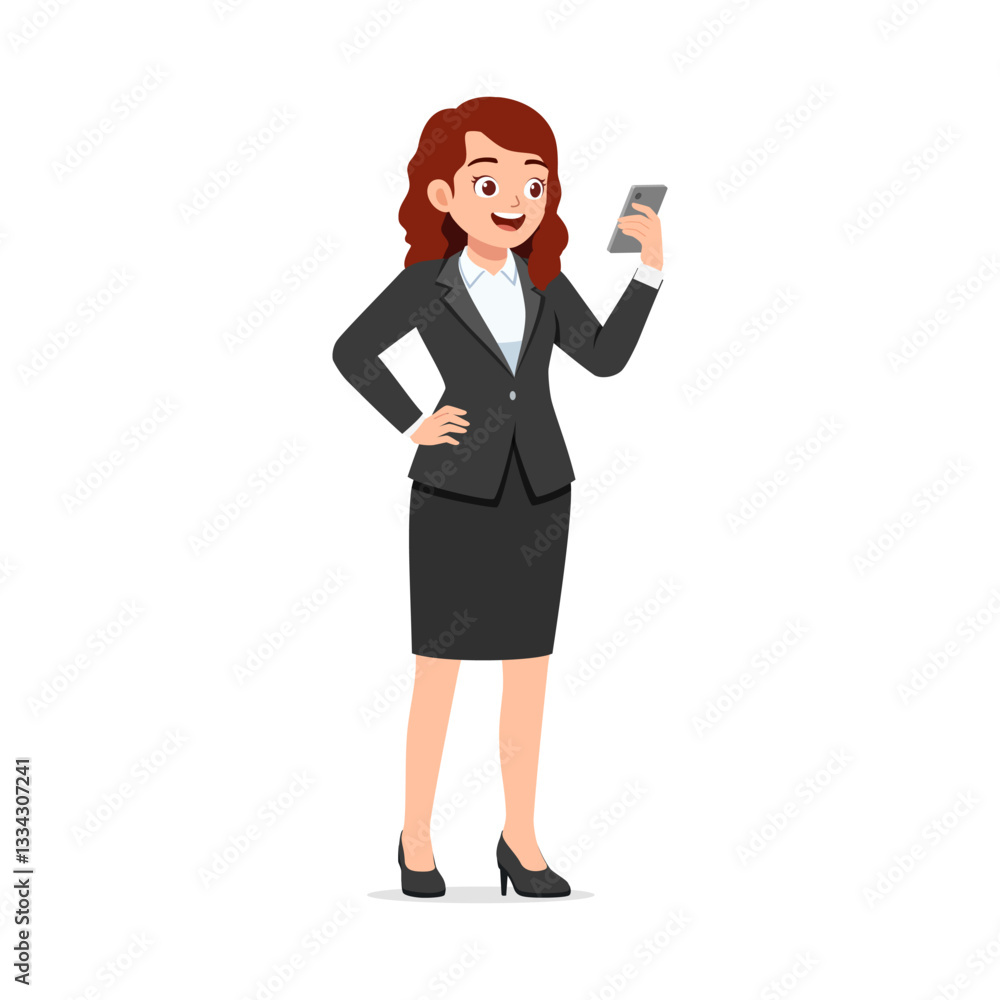 Businesswoman in Suit Holding Smartphone Up Smiling and Standing in Cartoon Illustration Businesswoman in Suit Holding Smartphone Up Smiling and Standing in Cartoon Illustration