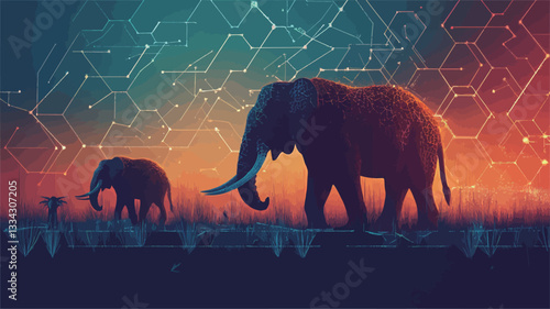 Digital painting depicting two elephants, an adult and a calf, silhouetted against a vibrant, abstract background. The background features a stylized network of interconnected nodes and lines in