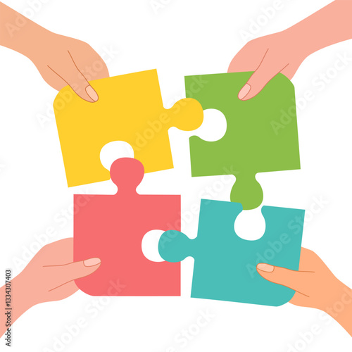 Four hands holding and making puzzle together trendy halftone collage elements. Metaphor of partnership, teamwork concept. Modern retro vector illustration isolated on transparent background