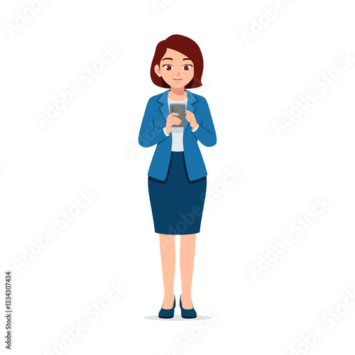 Woman Holding a Smartphone and Standing Wearing a Suit for Work