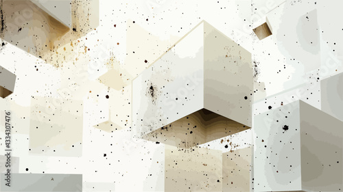 The image depicts a collection of white cubic forms of varying sizes appearing to float in a space filled with small, dark particles against a light beige backdrop.  The cubes are rendered in a